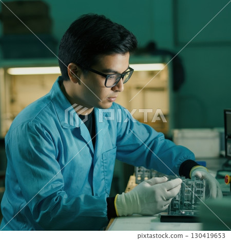 A focused male technician in a blue uniform meticulously assembles electronic components at his workbench A focused male technician in a blue uniform meticulously assembles electronic components at his workbench 130419653