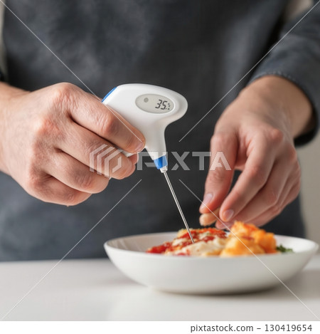 Person measuring food temperature with thermometer, cooking, and food preparation concept 130419654