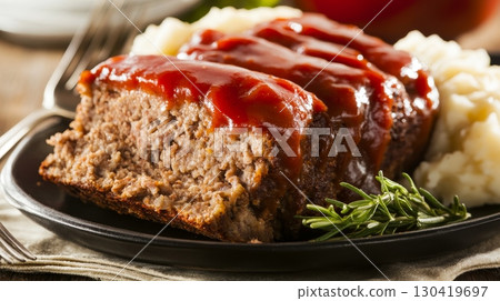Juicy sliced meatloaf topped with tangy tomato glaze, served with creamy mashed potatoes and fresh rosemary on a black plate 130419697