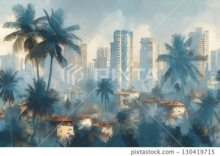 Skyscrapers rise above a misty city, blending modern architecture with tropical foliage. Low houses with red roofs contrast against the tall buildings under a twilight sky. Skyscrapers rise above a misty city, blending modern architecture with tropical foliage. Low houses with red roofs contrast against the tall buildings under a twilight sky. 130419715