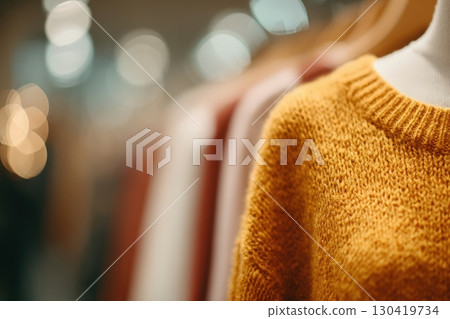 A close-up view highlights a cozy yellow sweater on a mannequin, with blurred clothing items in warm tones in the background. The boutique setting creates a welcoming shopping atmosphere. 130419734