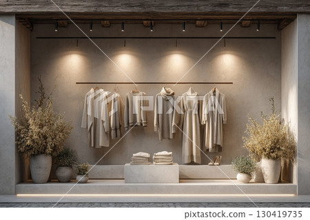 In a stylish boutique, soft beige clothing items hang neatly against a neutral wall. Beautiful flower arrangements add warmth to the minimalist design, enhancing the tranquil atmosphere. 130419735