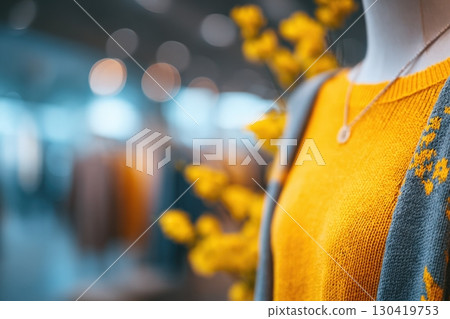A bright yellow sweater is showcased on a mannequin in a clothing store. The background features blurred garments and warm lighting, creating a cozy shopping atmosphere. 130419753