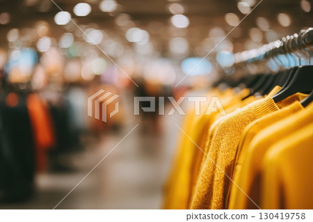 Vibrant yellow sweaters hang neatly on hangers inside a modern clothing store. Shoppers browse the well-lit aisles, creating a lively atmosphere for fashion enthusiasts. Vibrant yellow sweaters hang neatly on hangers inside a modern clothing store. Shoppers browse the well-lit aisles, creating a lively atmosphere for fashion enthusiasts. 130419758