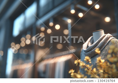 A grey sweater is showcased on a mannequin in a boutique. Soft lights create a warm ambiance while decorative yellow flowers add a touch of color to the scene. A grey sweater is showcased on a mannequin in a boutique. Soft lights create a warm ambiance while decorative yellow flowers add a touch of color to the scene. 130419764