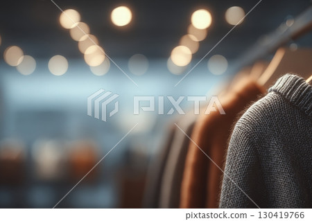 Soft and colorful knitwear hangs neatly on display in a boutique, illuminated by warm lights that create a welcoming ambiance. The focus is on textures and fabrics, evoking comfort. Soft and colorful knitwear hangs neatly on display in a boutique, illuminated by warm lights that create a welcoming ambiance. The focus is on textures and fabrics, evoking comfort. 130419766