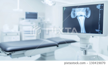 Modern operating room displaying an x ray image on a monitor, featuring an empty adjustable bed and advanced medical equipment in a sterile healthcare environment 130419870