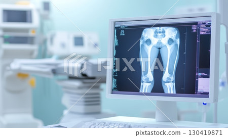 Computer monitor displays a detailed x ray image of human legs and pelvis within a contemporary hospital operating room, showcasing advanced medical technology in a sterile environment 130419871