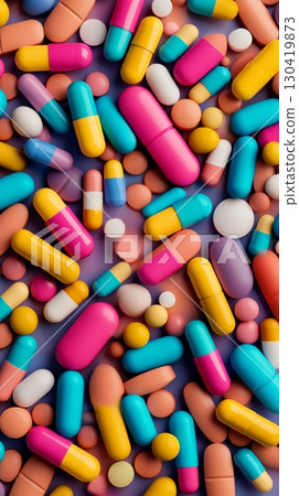 Numerous colorful pills and capsules are scattered across a purple surface, forming an interesting pattern and suggesting concepts related to medicine, pharmaceuticals, and healthcare 130419873