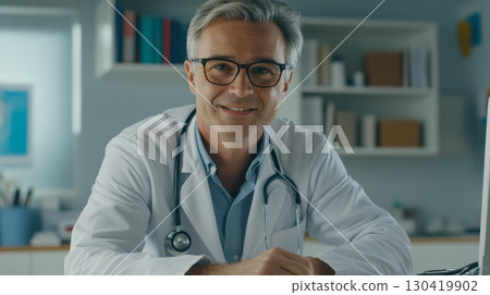 Portrait of a friendly mature male doctor smiling while sitting at his desk in a medical office, embodying the essence of healthcare and medicine in a professional setting Portrait of a friendly mature male doctor smiling while sitting at his desk in a medical office, embodying the essence of healthcare and medicine in a professional setting 130419902