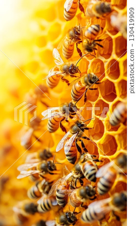 Close up of honey bees working diligently on a honeycomb within a beehive, showcasing the intricate process of honey production in an apiary setting, bathed in warm sunlight 130419909