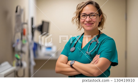 Confident medical professional smiles while standing with arms crossed in a hospital room, showcasing expertise and care in healthcare setting 130419910
