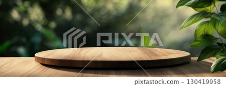 Empty round wooden tray is showcasing products on a wooden table, set against a backdrop of lush green foliage, creating a natural and inviting presentation 130419958