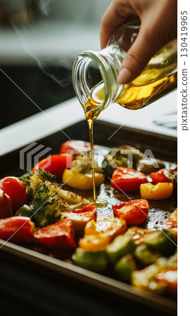 Chef pours olive oil from a small glass bottle onto a tray of roasted vegetables, including broccoli, tomatoes, and peppers, in a professional kitchen setting 130419965