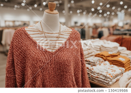 A mannequin showcases a textured, oversized sweater in warm tones, accompanied by layered necklaces. Soft lighting highlights clothing racks and stacks of neatly folded garments in the background. 130419986