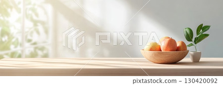Sunlight streams through a window, casting shadows on a wooden table where a bowl of peaches and apples sits beside a small potted plant, creating a serene and inviting kitchen atmosphere 130420092