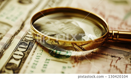 Magnifying glass is focusing on benjamin franklin's portrait on a one hundred dollar bill, highlighting the importance of financial scrutiny 130420104