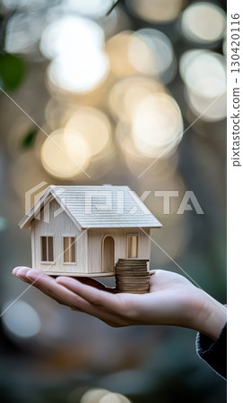 Hand holding a miniature wooden house standing on a stack of coins, symbolizing the concept of saving for a mortgage or real estate investment against a blurred bokeh background 130420116
