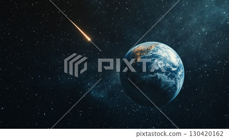 Glowing meteorite entering earth's atmosphere creates a captivating cosmic scene filled with stars and nebulae, showcasing the beauty and potential danger of celestial events 130420162