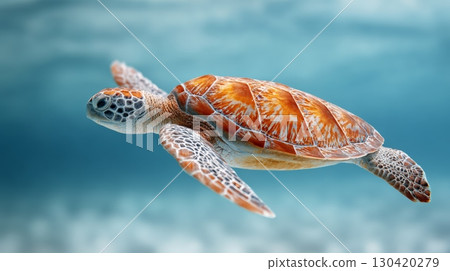 Sea turtle gracefully swimming in clear blue ocean water, showcasing its beautiful shell and flippers, evoking a sense of tranquility and wonder in the marine world 130420279