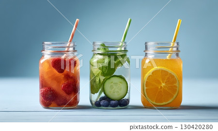 Colorful detox drinks with strawberries. Orange. Cucumber. Blueberries and mint in glass jars with straws are standing on a light blue wooden surface. Embodying summer refreshment and healthy living 130420280