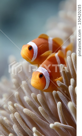 Two clownfish, also known as anemonefish, swim near their host anemone, showcasing their vibrant orange and white stripes in the clear blue water Two clownfish, also known as anemonefish, swim near their host anemone, showcasing their vibrant orange and white stripes in the clear blue water 130420285