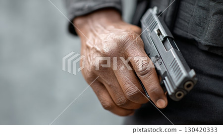 Close up of a police officer's hand holding a gun during an immigration raid protest, highlighting the tension and potential for violence in such situations in the united states Close up of a police officer's hand holding a gun during an immigration raid protest, highlighting the tension and potential for violence in such situations in the united states 130420333