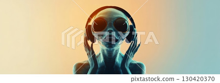 Grey alien wearing sunglasses and headphones, enjoying and listening to music with a surprised expression on its face, on a gradient background Grey alien wearing sunglasses and headphones, enjoying and listening to music with a surprised expression on its face, on a gradient background 130420370