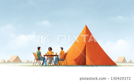 Three friends enjoying a meal and drinks at a table in front of their tent, soaking up the vibrant atmosphere of a summer campground during their travel adventure 130420372