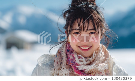 A young woman smiling brightly in a snowy landscape | Winter, Smile, Portrait, Happiness, Youth 130420379