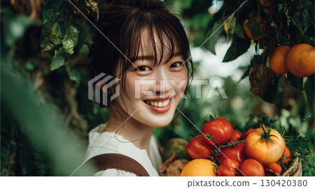 Smiling woman holding freshly harvested vegetables | Agriculture, home gardening, smile, health, ingredients Smiling woman holding freshly harvested vegetables | Agriculture, home gardening, smile, health, ingredients 130420380