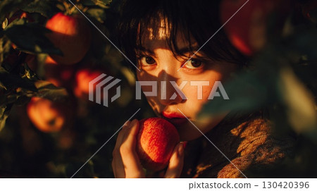A woman holding an apple in the sunlight filtering through the trees at dusk | Autumn, fruit, beauty, portrait A woman holding an apple in the sunlight filtering through the trees at dusk | Autumn, fruit, beauty, portrait 130420396