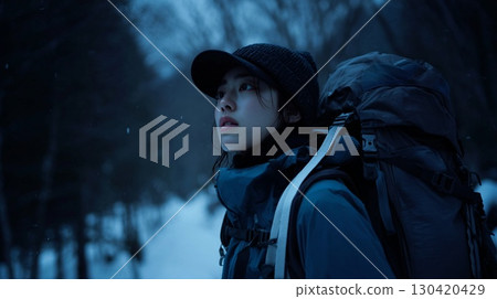 一名女子攀登白雪皚皚的冬山,仰望天空 | 冬季登山、女性、挑戰、雪、嚴酷的自然 一名女子攀登白雪皚皚的冬山,仰望天空 | 冬季登山、女性、挑戰、雪、嚴酷的自然 130420429