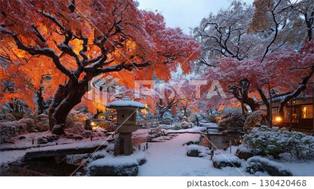 Illuminated Japanese Garden with Snow and Autumn Leaves | Winter, Autumn, Snow Scenery, Japanese, Beautiful, Fantastic, Spectacular 130420468