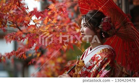 Beautiful woman in furisode kimono holding a Japanese umbrella during the autumn foliage season | Japanese clothing, autumn, Japanese beauty, tradition 130420476