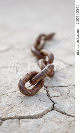 Rusty chain lying on cracked dry earth representing broken connection. Loss. And hardship. Serving as a powerful visual metaphor for themes of separation. Decline. And the impact of harsh conditions 130420543