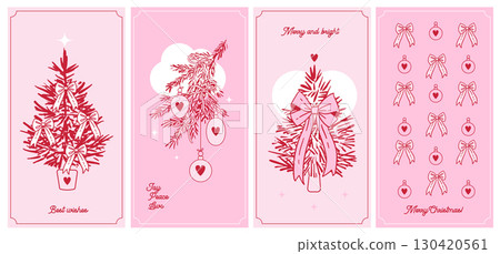 Trendy Coquette Merry Christmas and Happy New Year greeting social media posters Set. Whimsical Christmas tree in trendy Coquette style with satin bows. XMAS art with Bows and Ribbons. 16x9 vector Trendy Coquette Merry Christmas and Happy New Year greeting social media posters Set. Whimsical Christmas tree in trendy Coquette style with satin bows. XMAS art with Bows and Ribbons. 16x9 vector 130420561