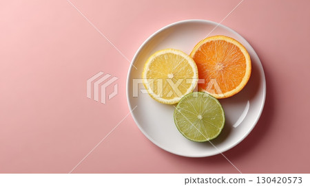 Sliced lemon, orange, and lime arranged on a white plate against a vibrant pink backdrop, embodying the essence of refreshing summer detox beverages 130420573