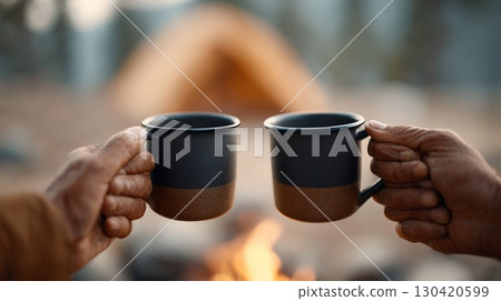 Two campers, holding coffee mugs and toasting joyfully, celebrate their summer travel adventure by a cozy campfire, creating lasting memories at a beautiful campground 130420599