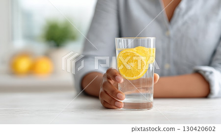 Woman holding detox water glass with citrus slices, representing wellness, hydration, and nutritional approach supporting healthy living and potential weight management 130420602