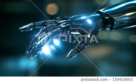 Metallic robotic hand extending forward, fingers slightly curved, against a blurred backdrop with glowing blue lights, suggesting advanced technology and futuristic themes 130420603