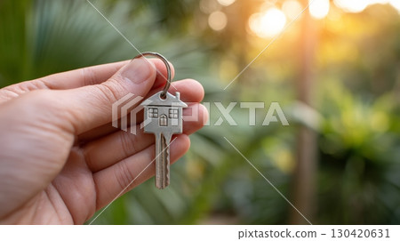 Hand holding a house shaped key in front of blurred plants, symbolizing homeownership, real estate investment, buying or renting property with a warm sunset glow in the background 130420631