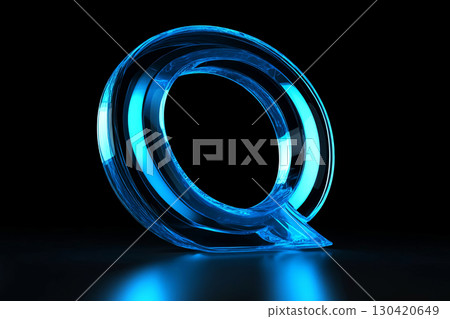3D illustration of a glowing blue letter Q, designed with a transparent effect, set against a dark background, creating a modern and futuristic visual appeal for branding purposes 130420649