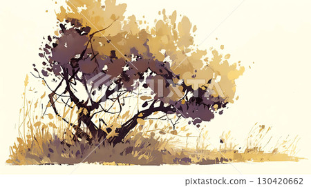 Watercolor illustration of a solitary shrub with vibrant foliage, showcasing a blend of earthy tones and textures, set against a soft, neutral background, evoking a sense of tranquility and nature Watercolor illustration of a solitary shrub with vibrant foliage, showcasing a blend of earthy tones and textures, set against a soft, neutral background, evoking a sense of tranquility and nature 130420662