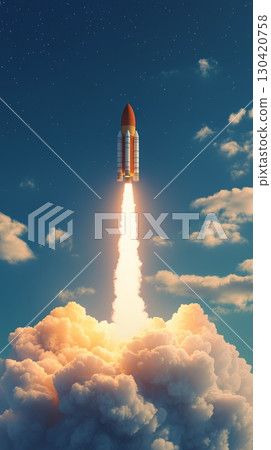 Powerful space shuttle leaving earth and entering outer space through white clouds with bright flames and smoke coming out of its thrusters 130420758