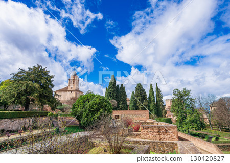 Gardens and Church Tower at the Historic Alhambra Palace in Spain. 130420827