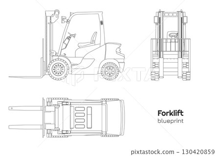 Outline forklift drawing. Isolated linear cargo loader. Side, front and top view of industrial machine. Contour blueprint of warehouse transport. Logistic vehicle Outline forklift drawing. Isolated linear cargo loader. Side, front and top view of industrial machine. Contour blueprint of warehouse transport. Logistic vehicle 130420859
