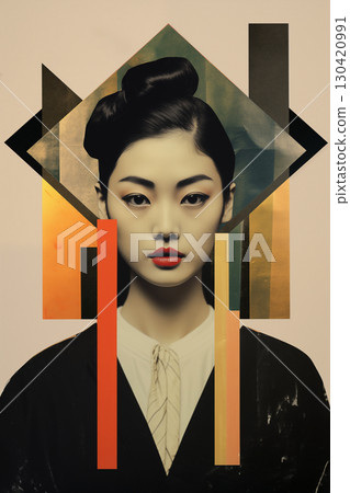 Vintage fashion collage portrait of asian woman 130420991
