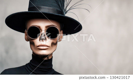 Stylish model with skull makeup and oversized sunglasses, wearing a black turtleneck and hat, embodying a chic Halloween aesthetic with dramatic flair 130421017