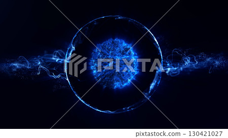 Blue crystal-like sphere with sparkling particle flow and glowing details, futuristic digital design. 130421027